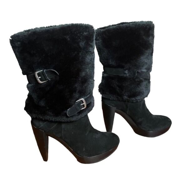 Nine West Priska Suede Platform Faux Fur Black Booties Boots Heeled US Size 7.5M - Picture 3 of 13